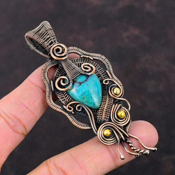 Chrysocolla Pear Blue Handmade Copper Wire Wrapped Pendant