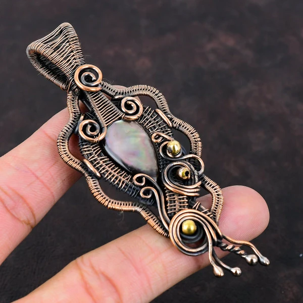 Black Mother Of Pearl Pear Black Handmade Copper Wire Wrapped Pendant