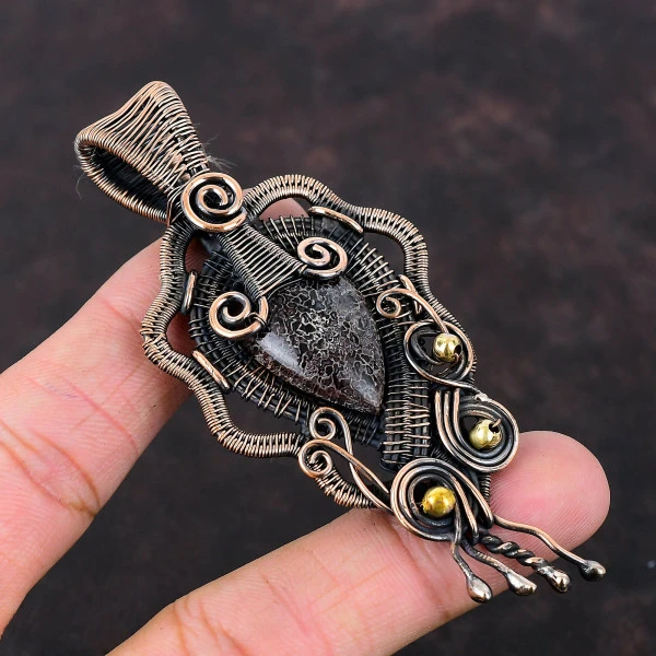 Dinosaur Bone Pear Brown Handmade Copper Wire Wrapped Pendant