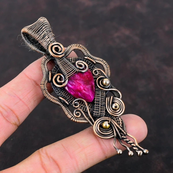 Kashmir Ruby Pear Red Handmade Copper Wire Wrapped Pendant