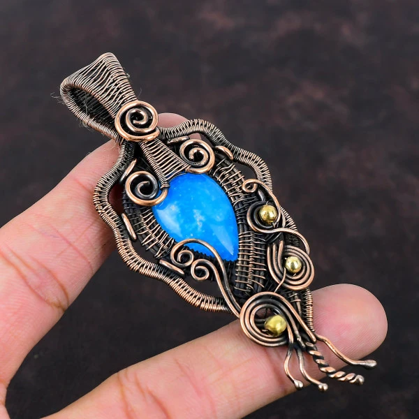 Smithsonite Pear Blue Handmade Copper Wire Wrapped Pendant