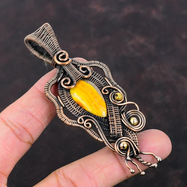 Bumble Bee Jasper Pear Yellow Handmade Copper Wire Wrapped Pendant