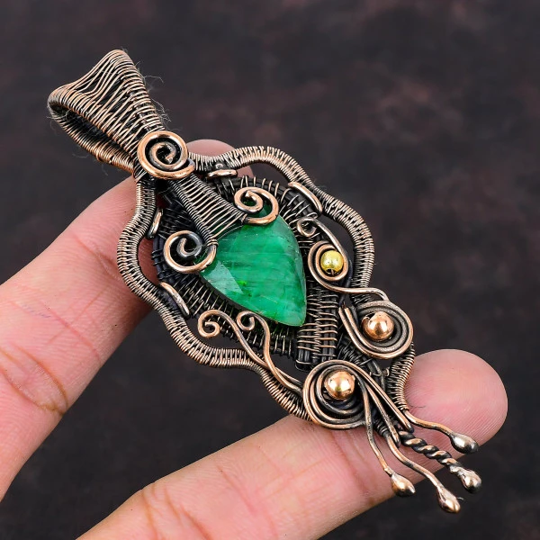 Zambian Emerald Pear Green Handmade Copper Wire Wrapped Pendant