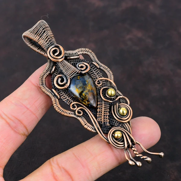Pietersite Pear Gray Handmade Copper Wire Wrapped Pendant