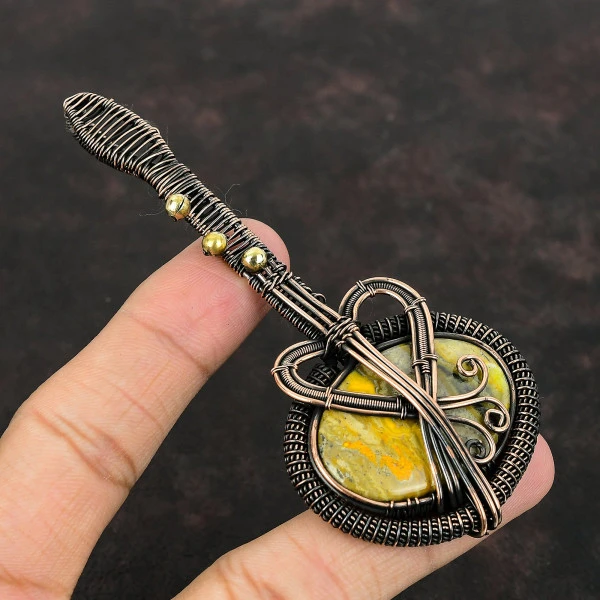 Bumble Bee Jasper Oval Yellow Handmade Copper Wire Wrapped Pendant