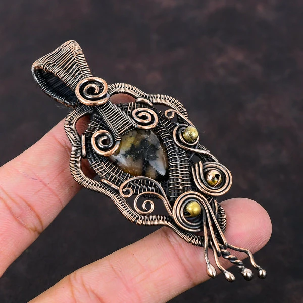 Chiastolite Pear Brown Handmade Copper Wire Wrapped Pendant