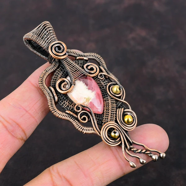Rhodochrosite Pear Pink Handmade Copper Wire Wrapped Pendant