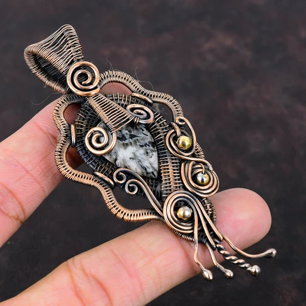 Pinolith Jasper Pear Black Handmade Copper Wire Wrapped Pendant