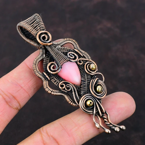 Pink Opal Pear Pink Handmade Copper Wire Wrapped Pendant