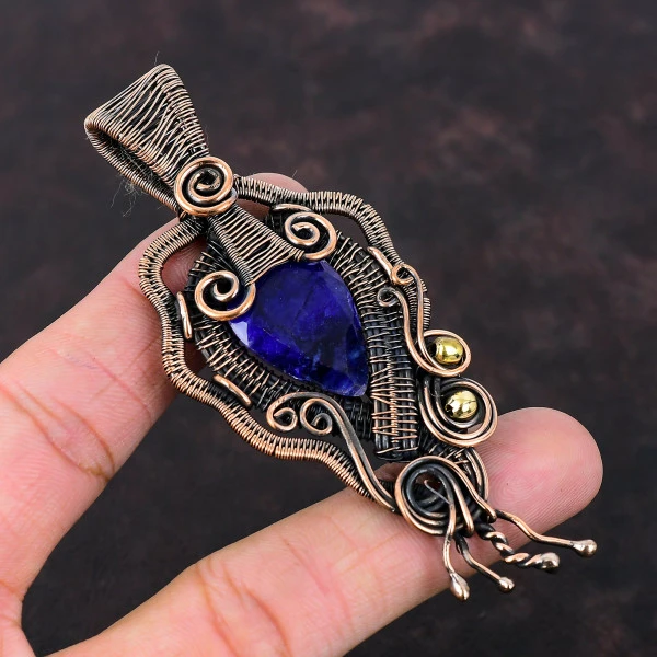 Blue Sapphire Pear Blue Handmade Copper Wire Wrapped Pendant