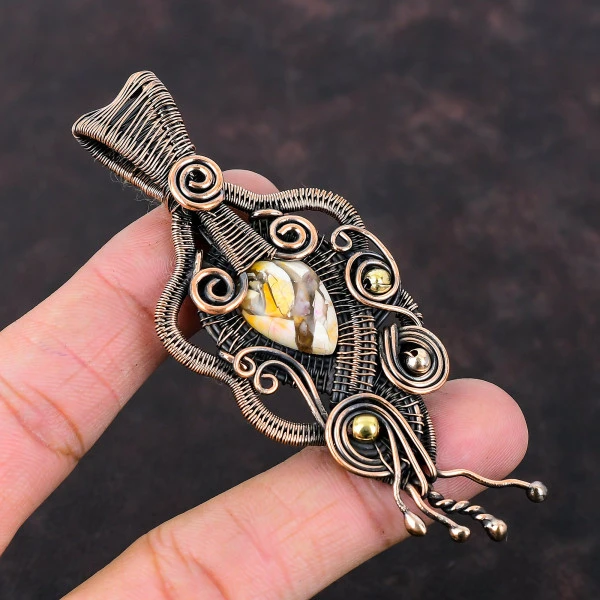 Brecciated Mookaite Pear Yellow Handmade Copper Wire Wrapped Pendant