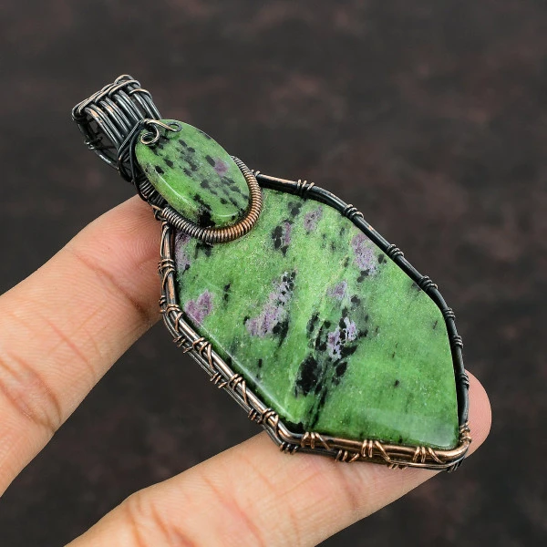 Ruby Zoisite Hexagon Green Handmade Copper Wire Wrapped Pendant