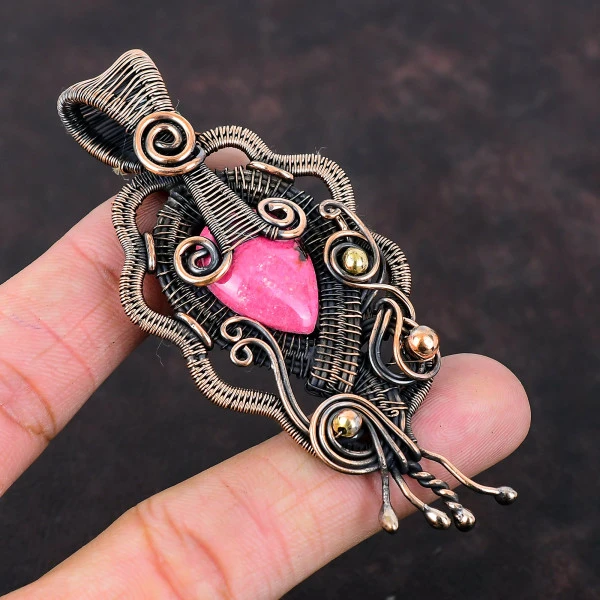 Thulite Pear Pink Handmade Copper Wire Wrapped Pendant