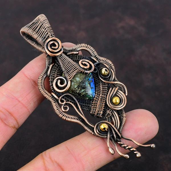 Azurite Malachite Pear Blue Handmade Copper Wire Wrapped Pendant