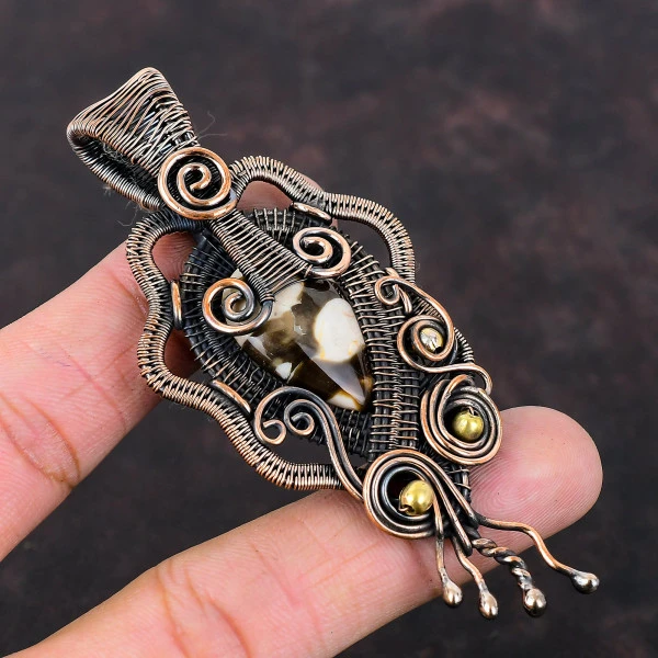 Peanut Wood Jasper Pear Brown Handmade Copper Wire Wrapped Pendant