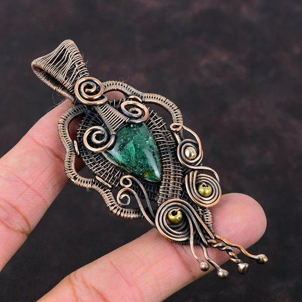 Cuprite Chrysocolla Pear Green Handmade Copper Wire Wrapped Pendant