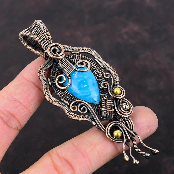 Hemimorphite Pear Blue Handmade Copper Wire Wrapped Pendant