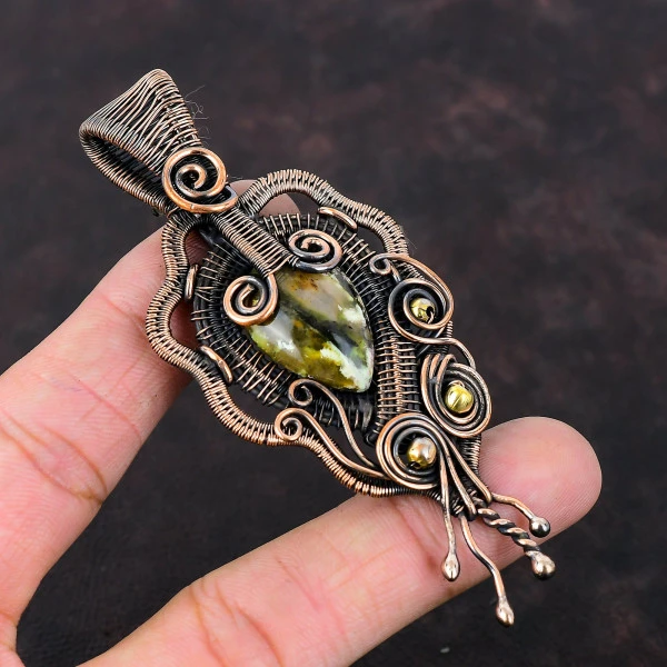Australian Chrome Chalcedony Pear Green Handmade Copper Wire Wrapped Pendant
