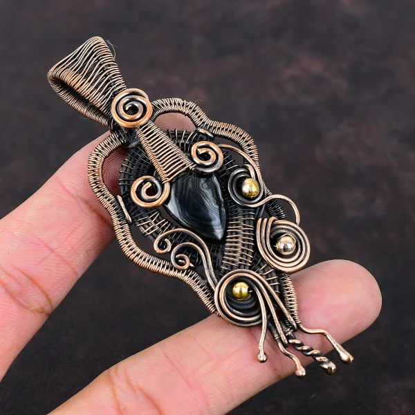 Psilomelane Pear Black Handmade Copper Wire Wrapped Pendant