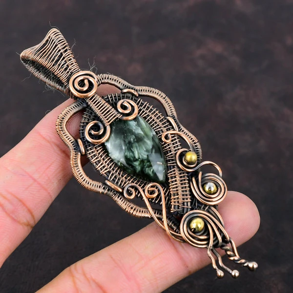 Seraphinite Pear Green Handmade Copper Wire Wrapped Pendant