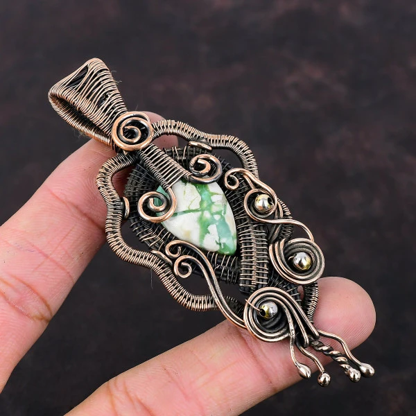 Variscite Pear Green Handmade Copper Wire Wrapped Pendant