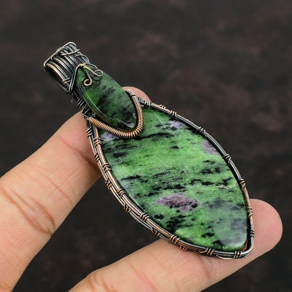 Ruby Zoisite Marquise Green Handmade Copper Wire Wrapped Pendant