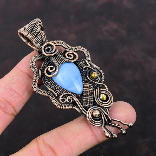 Owyhee Blue Opal Pear Blue Handmade Copper Wire Wrapped Pendant