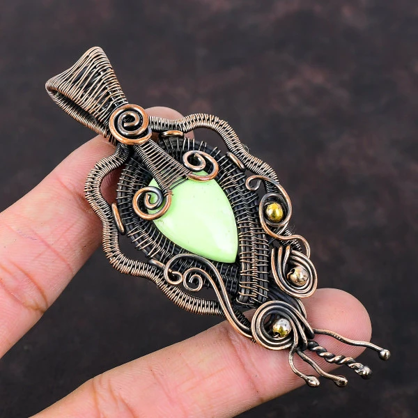 Lemon Chrysoprase Pear Green Handmade Copper Wire Wrapped Pendant