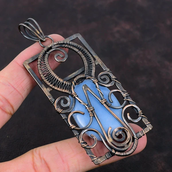Angelite Oval Blue Handmade Copper Wire Wrapped Pendant
