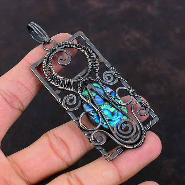 Abalone Shell Oval Green Handmade Copper Wire Wrapped Pendant