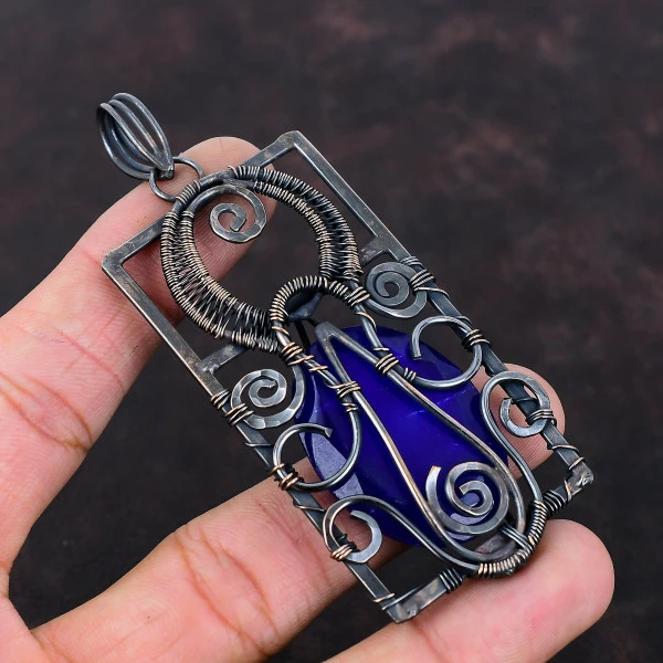Blue Sapphire Oval Blue Handmade Copper Wire Wrapped Pendant