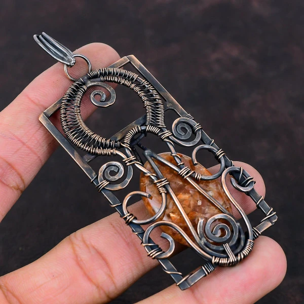 Sunstone Oval Orange Handmade Copper Wire Wrapped Pendant