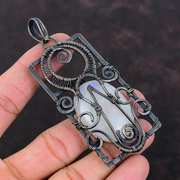 Rainbow Moonstone Oval White Handmade Copper Wire Wrapped Pendant