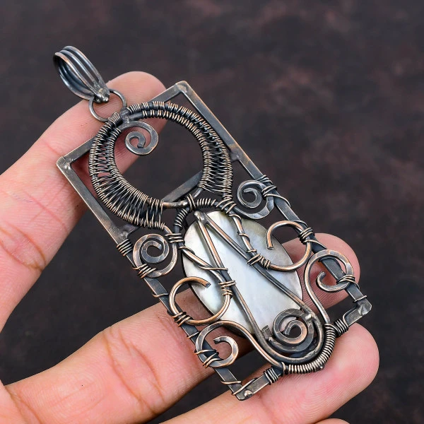 Black Mother Of Pearl Oval Black Handmade Copper Wire Wrapped Pendant