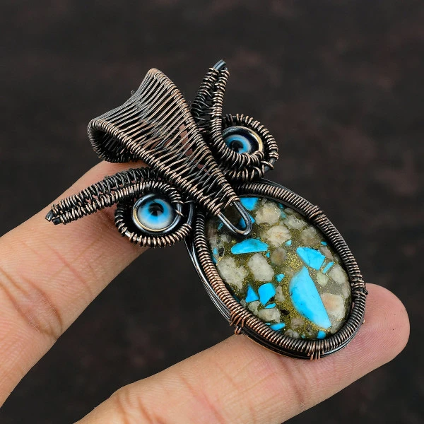Pink Opal Copper Turquoise Oval Pink Handmade Copper Wire Wrapped Pendant