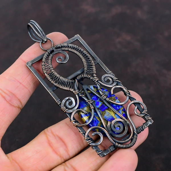 Copper Sodalite Oval Blue Handmade Copper Wire Wrapped Pendant