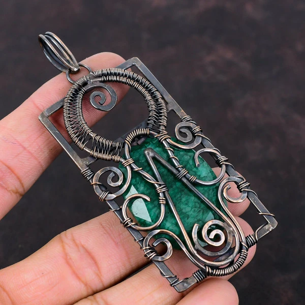 Zambian Emerald Oval Green Handmade Copper Wire Wrapped Pendant