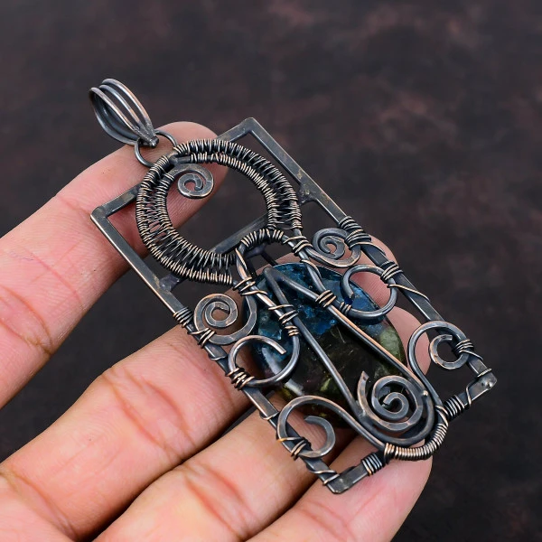 Watermelon Tourmaline Oval Blue Handmade Copper Wire Wrapped Pendant