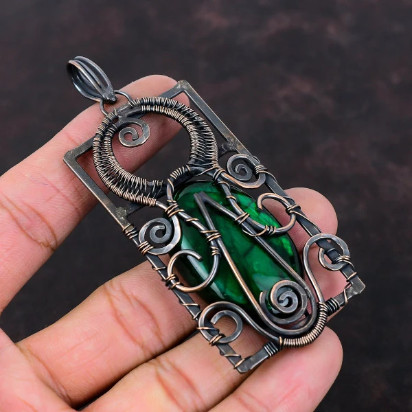 Green Fire Labradorite Oval Green Handmade Copper Wire Wrapped Pendant
