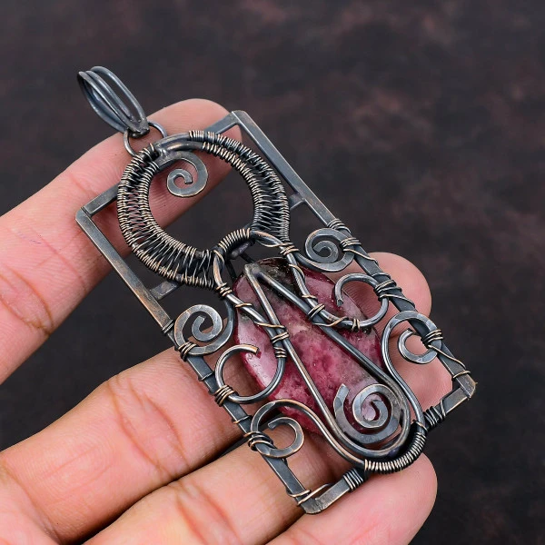 Rhodonite Oval Pink Handmade Copper Wire Wrapped Pendant