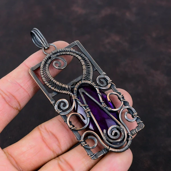 Purple Fire Labradorite Oval Purple Handmade Copper Wire Wrapped Pendant