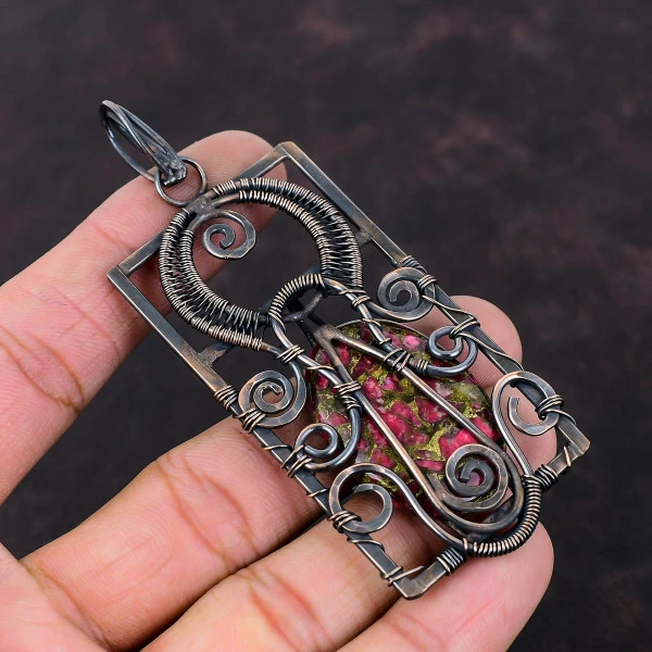 Copper Thulite Oval Pink Handmade Copper Wire Wrapped Pendant