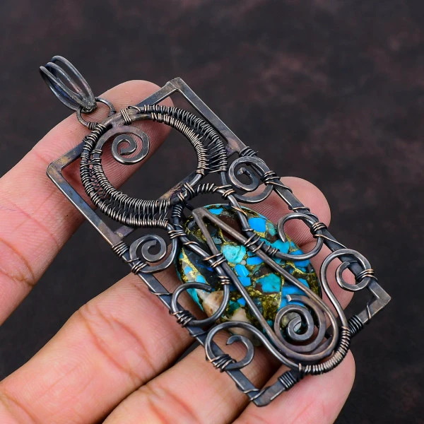 Copper Chrysocolla Oval Blue Handmade Copper Wire Wrapped Pendant