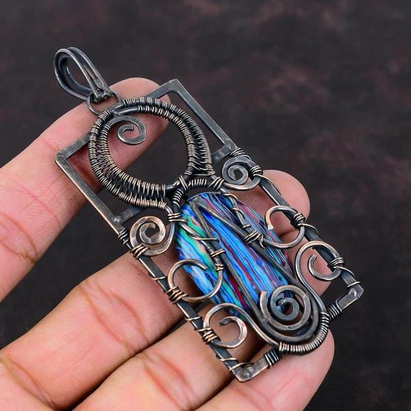 Rainbow Calsilica Oval Blue Handmade Copper Wire Wrapped Pendant