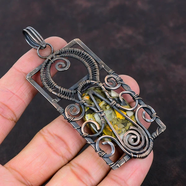 Copper Bumble Bee Jasper Oval Yellow Handmade Copper Wire Wrapped Pendant