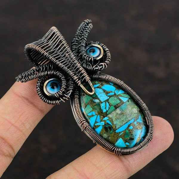 Copper Blue Turquoise Oval Blue Handmade Copper Wire Wrapped Pendant