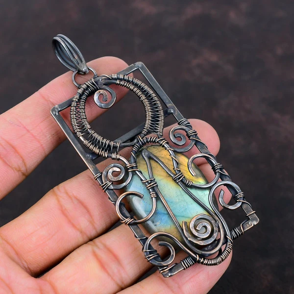 Labradorite Oval Gray Handmade Copper Wire Wrapped Pendant