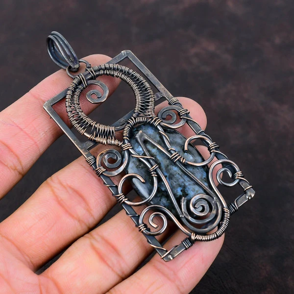 Larvikite Oval Black Handmade Copper Wire Wrapped Pendant