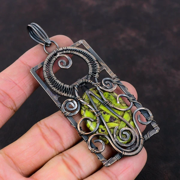 Copper Stichtite Oval Green Handmade Copper Wire Wrapped Pendant