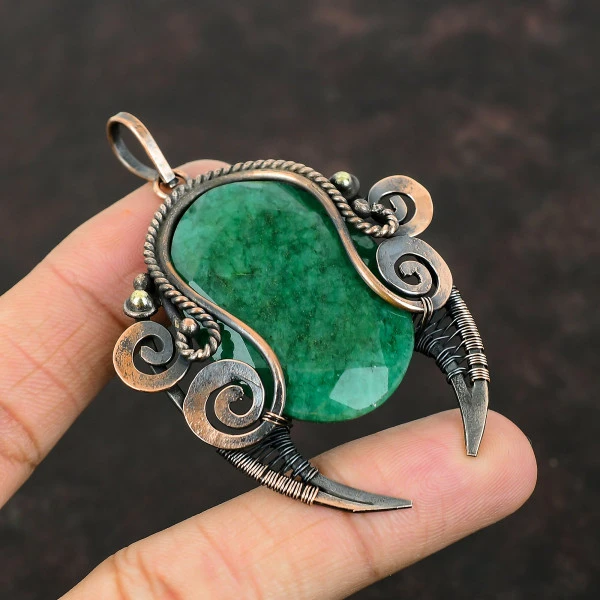 Zambian Emerald Oval Green Handmade Copper Wire Wrapped Pendant